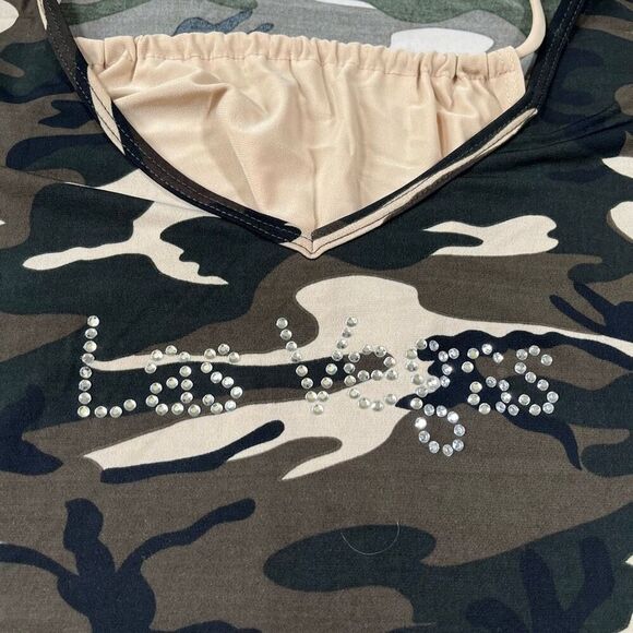 Vintage Y2K Camo Camouflage Rhinestone Las Vegas Halter Tee T Shirt - Picture 3 of 6